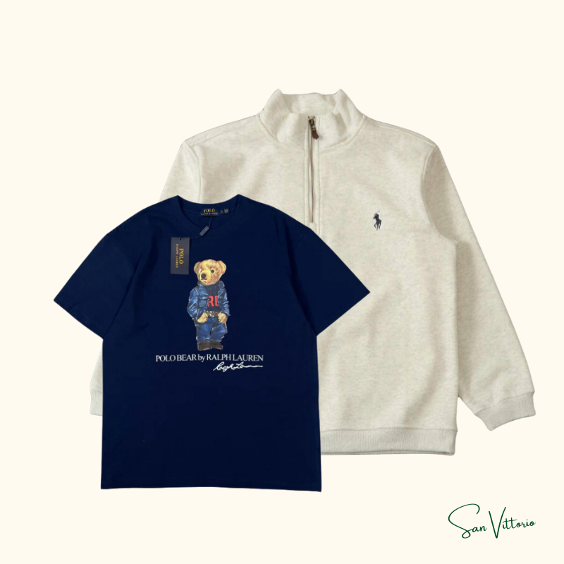 KIT RL 1! Suéter Meio Zíper Ralph Lauren Bege + Camiseta "Bear Jersey" Ralph Lauren Azul