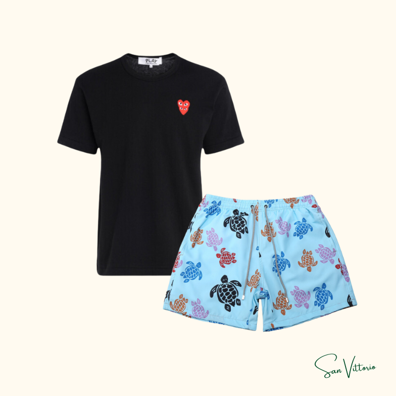 KIT Verão 3! Camiseta "Family Hearts" CDG + Shorts "Sea in Blue" Vilebrequin