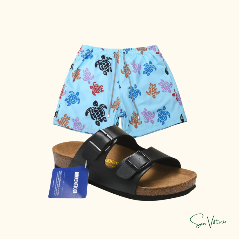 KIT Praia 1! Sandália "Arizona" Birkenstock + Shorts "Sea in Blue" Vilebrequin
