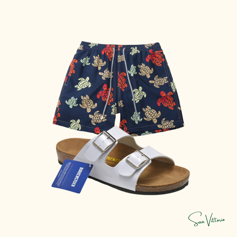 KIT Praia! Sandália "Arizona" Birkenstock + Shorts "Tortues Multicolores" Vilebrequin