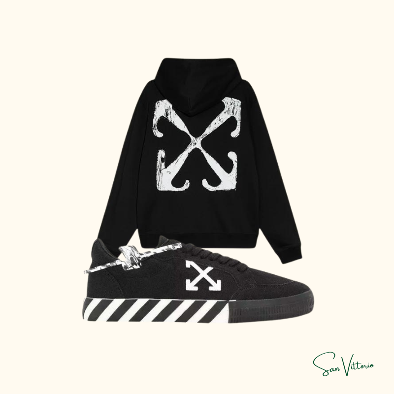 KIT OW 2! Moletom "Skate Arrows" Off-White + Tênis "Vulcanized" Preto Off-White