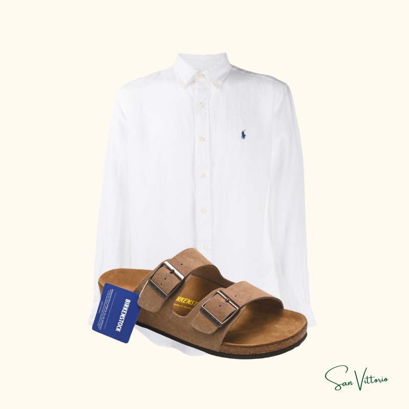 Kit Camisa Ralph Lauren Linho + Sandália Birkenstock