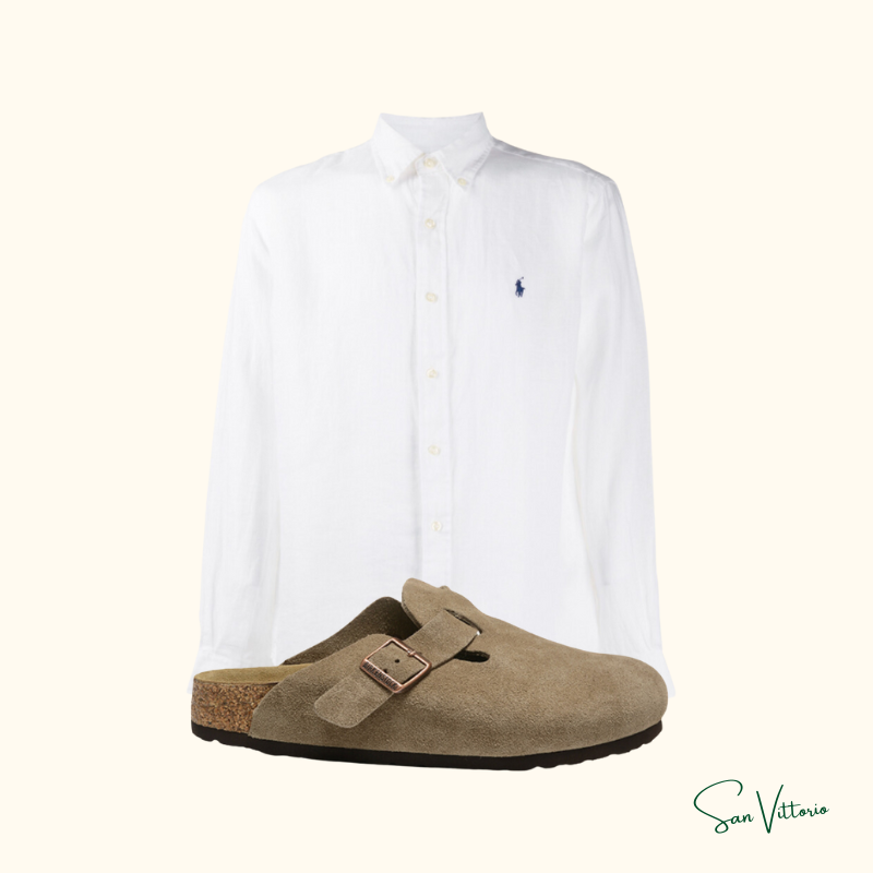 Kit Camisa Ralph Lauren Linho + Sandália Birkenstock