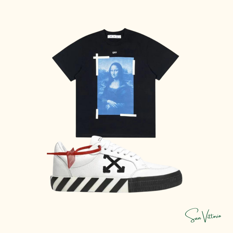 KIT OW 1! Camiseta "Monalisa" Off-White + Tênis "Vulcanized" Branco Off-White
